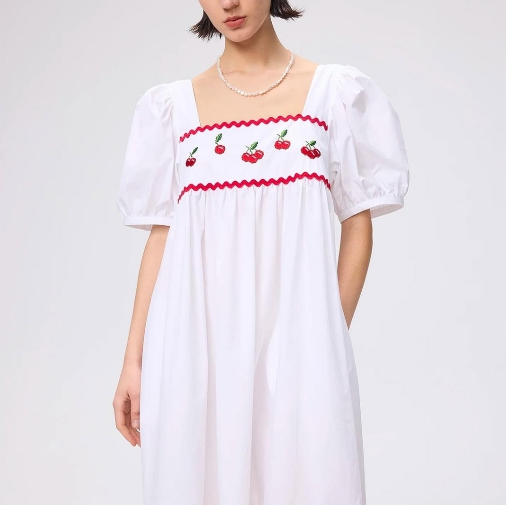 Sister Jane White Poplin Dress with Red Cherry Embroidery